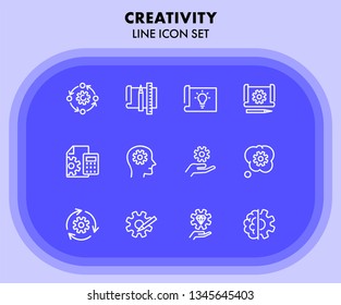 Creativity line icon set. Set of line icons on white background. Brainstorm concept. Idea, head, cogwheel. Vector illustration can be used for topics like innovation, development, business