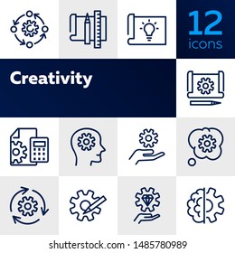 Creativity line icon set. Set of line icons on white background. Brainstorm concept. Idea, head, cogwheel. Vector illustration can be used for topics like innovation, development, business