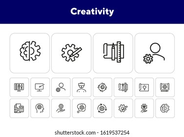 Creativity line icon set. Set of line icons on white background. Brainstorm concept. Idea, head, cogwheel. Vector illustration can be used for topics like innovation, development, business