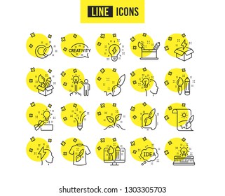 Creativity line icons. Set of Design, Idea and Inspiration linear icons. Imagination, Idea box and Creative signs. Brush with pencil, T-shirt and Out of the box symbols. Quality futuro design icons