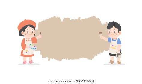 Creativity A Little Asian Girl And Boy Be Happy With Painting Standing Front Of Text Box Blank Banner Frame On White Background, Illustration Vector. Kids Concept.