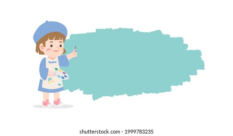 Creativity a little girl be happy with painting standing front of text box blank banner frame on white background, illustration vector. Kids concept