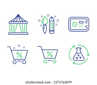 Creativity, Loan percent and Safe box line icons set. Special offer, Circus tent and Chemistry experiment signs. Graphic art, Shopping cart, Deposit. Discounts. Business set. Vector