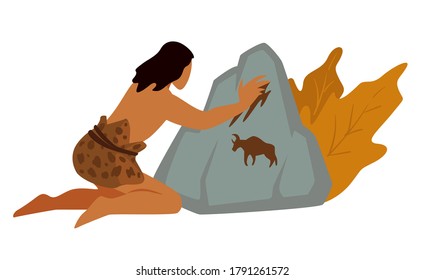 Creativity and means of communication in paleolithic era. Caveman painting bison or bull on rock. prehistoric or ancient times, ethnic and cultural heritage or antique people, vector in flat style