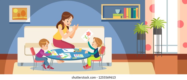 Сhildren's creativity. mother and children draw paints in the playroom. Vector cartoon illustration