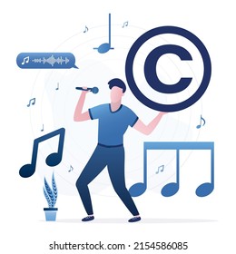 Músico creativo, cantante masculino canta canciones. El autor tiene un signo de copyright. Autorización, derechos exclusivos. Protección de la propiedad intelectual. Patente, propiedad de productos musicales. Ilustración del vector