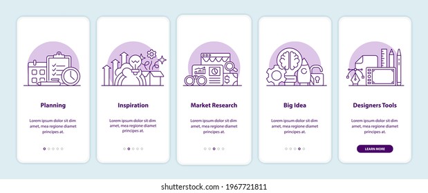 Creativity onboarding app screen pages. Smartphone application walkthrough with cartoon illustrations. Mobile UI template with 5 steps. User interface design with simple purple color concepts