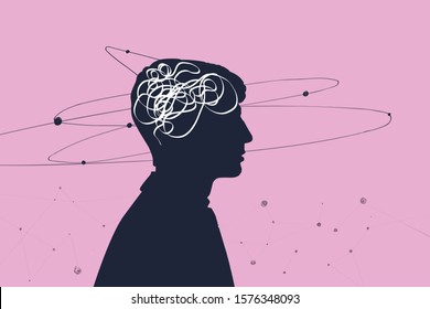 Creativity and the origin of ideas, the concept of the thought process. Profile of a person with thoughts in the form of a brain and satellites flying in orbits around the head, pink background