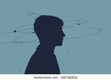 Creativity and the origin of ideas, the concept of the thought process. Profile of a person with thoughts in the form of satellites flying in orbits around the head, turquoise background