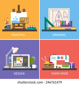 Creativity: painting, drawing, design, hand maid. Vector flat illustrations