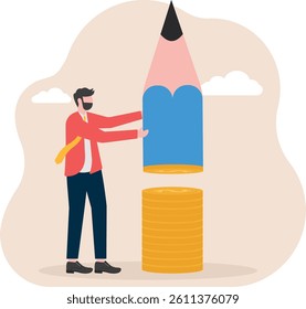 Creativity is a pencil made up of money and gold coins, vector illustration business character design,

