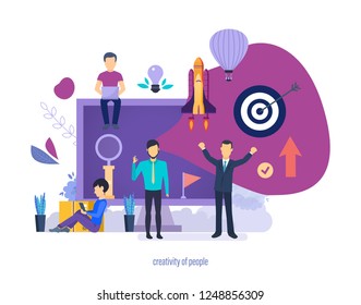 Creativity of people. Creative ideas, business start-up projects, joint teamwork, brainstorming, business development, marketing strategy planning, career growth to success. Vector illustration.