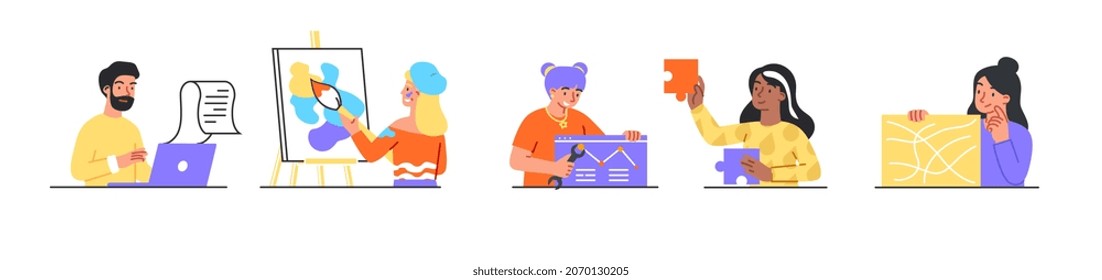 Creativity people at work. Collection of images with different workers. Characters draw, assemble jigsaw puzzle or mechanism. Set of cartoon flat vector illustrations isolated on white background