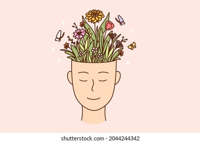 Creativity, personal development, individual growth concept. Human hand with smile and full of flowers blooming in pot vector illustration 