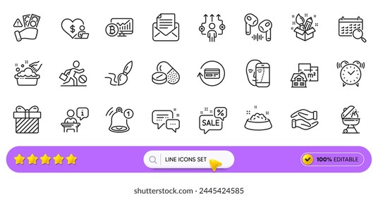 Creativity, Podium and Hand washing line icons for web app. Pack of Headphone, Fraud, Volunteer pictogram icons. Refund commission, Jobless, Surprise signs. Search calendar, Dog feeding, Grill. Vector