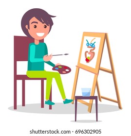 Creativity poster with boy drawing picture of vase using paint brushes on wooden easel vector illustrationin isolated on white background