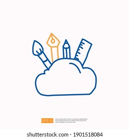 creativity related doodle icon concept with drawing brush, pencil, pen ruler symbol. Creative design, idea, Inspiration, brainstorming, startup and think stroke line vector illustration
