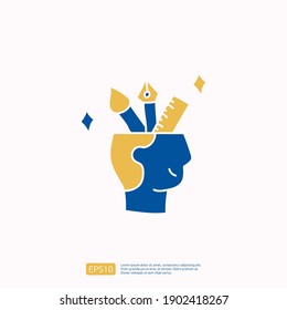 kreativitätsbezogenes Doodle-Icon-Konzept mit Kopf-, Stift-, Lineal- und Pinselsymbol. Kreatives Design, Zeichnung, Idee, Inspiration, Brainstorming, Starten und Denken, Vektorgrafik