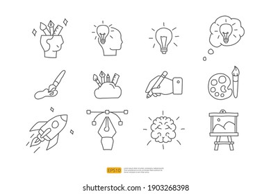 Creativity Related Doodle Icon Concept With Brain Symbol. Creative Design, Idea, Inspiration, Brainstorming, Startup And Think Stroke Line Vector Illustration