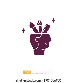 el concepto de icono del doodle relacionado con la creatividad con símbolo de cabeza, pluma, regla y brocha. Diseño creativo, dibujo, idea, inspiración, lluvia de ideas, creación y reflexión de ilustraciones vectoriales