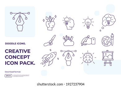 creativity related doodle icon concept with brain symbol. Creative design, idea, Inspiration, brainstorming, startup and think vector illustration