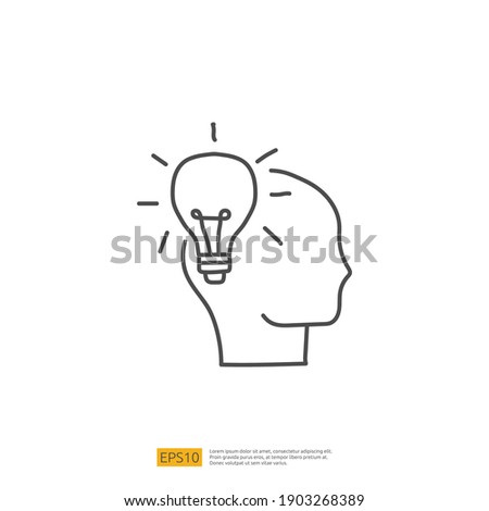 creativity related doodle icon concept with head and lamp symbol. Creative design, drawing, idea, Inspiration, brainstorming, startup and think stroke line vector illustration