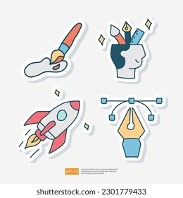 Icono de pegatina de Doodle relacionado con la creatividad. Diseño creativo, cohete, idea, inspiración, pincel, pintura vectorial Ilustración