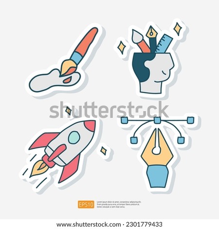 Creativity Related Doodle Sticker Icon. Creative Design, Rocket ,Idea, Inspiration, Brush, Painting Vector Illustration
