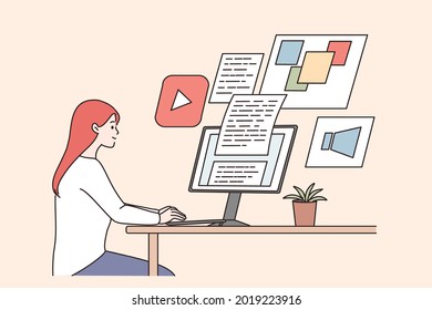 Creativity, remote work, freelance concept. Young smiling woman designer sitting working on computer looking at screens and documents illustration vector