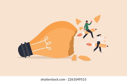 Creativity is required to create new ideas. ingenuity or inventiveness, education, Inspiration, brilliant idea, creating content, boosting creative thinking. opening lightbulb, riding a pencil rocket