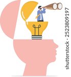 Creativity searching , businessman open lightbulb idea using binoculars to see business vision to discover new solution or idea, curiosity, searching for success concept vector illustrator

