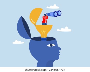 Creativity searching , businessman open lightbulb idea using binoculars to see business vision to discover new solution or idea, curiosity, searching for success concept vector illustrator
