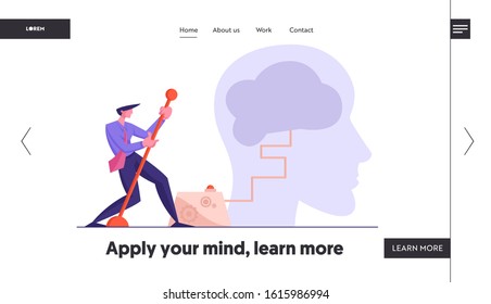 Creativity And Searching Solution Website Landing Page. Businessman Moving Huge Lever Arm To Switch On Brain In Human Head. Creative Idea, Brainstorm Web Page Banner. Cartoon Flat Vector Illustration