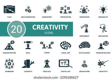 Creativity set. Creative icons: plan, idea generation, innovation, preparation, inspiration, originality, experiment, motivation, concentration, skill, vision, visual art, intelligence, problem