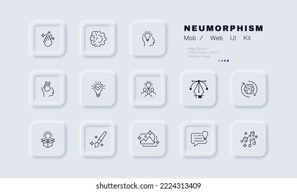 Creativity set icon. Brain, gear, music, photo, paint brush, teamwork, great idea, art, light bulb, snap of fingers, thought, artists, box. Creative occupation concept. Neomorphism. Vector line icon