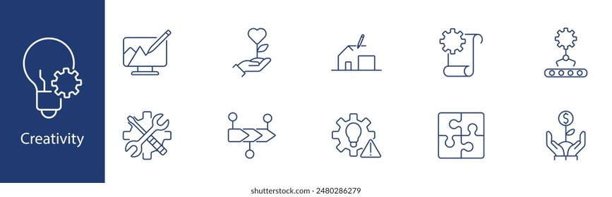 Creativity set icon. Design, growth, innovation, process, puzzle. Creative thinking, idea development, project planning concept.