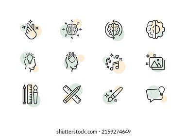 Creativity set icon. Korean heart, brain, lamp, music, sheet music, gallery, brushes, pencils, drawing. Inspiration concept. Vector line icon for Business and Advertising