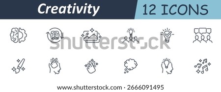 Creativity set icon. Outline icons showing brain, gear, idea, sparkle, team, thought, expression, painting, discussion, inspiration, music in concept-driven stroke design