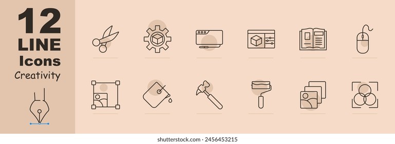 Creativity set icon. Scissors, artist, visual designer, artist, painter, gear, square, paint bucket, fill, hammer, roller, cartooning, book, mouse, photo layers, color correction. Creation concept.