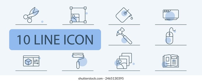 Creativity set icon. Scissors, artist, visual designer, artist, painter, gear, square, paint bucket, fill, hammer, roller, cartooning, book, mouse, photo layers, color correction. Creation concept.