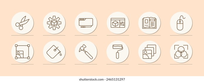 Creativity set icon. Scissors, artist, visual designer, artist, painter, gear, square, paint bucket, fill, hammer, roller, cartooning, book, mouse, photo layers, color correction. Creation concept.