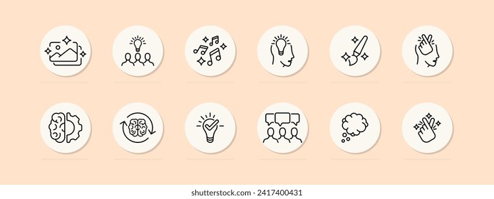 Creativity set line icon. Sheet music, music, gallery, photography, idea, light bulb, brush, artist. Pastel color background Vector line icon for business and advertising