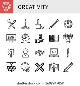 creativity simple icons set. Contains such icons as Idea, Paint brush, Brush, Pencil, Knowledge, Pride, Developer, Brainstorming, Brain, Development, can be used for web, mobile and logo