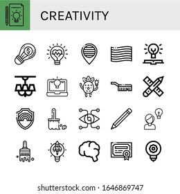 creativity simple icons set. Contains such icons as Idea, Creative, Innovation, Pride, Knowledge, Lamp, Brush, Pencil, Vision, Paint brush, can be used for web, mobile and logo