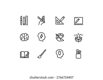 Creativity simple line icon set vector illustration. Contains icons: pen, paint brush, palette, brain, graphic design, ruler and more.