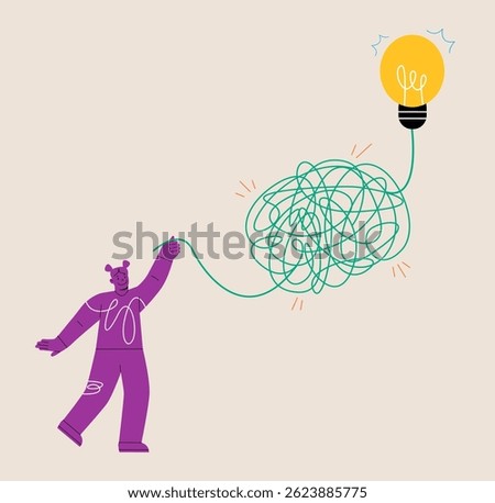 Creativity to solve problem concept. Woman pull lightbulb from messy knot.  Colorful vector illustration