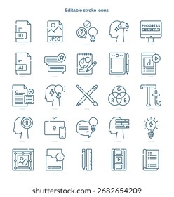 Kreativitäts-Strich-Symbol. Symbolsatz für die Kreativitätszeile. bearbeitbares Strichsymbolpaket