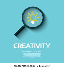 Creativity symbol with magnifying glass icon and light bulb. Eps10 vector illustration.