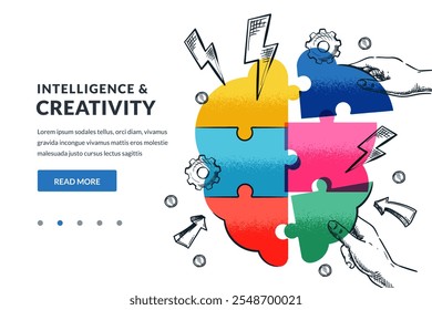 Creativity, teamwork, intelligence, education, inspiration concept. Human hands joining brain shape colorful puzzle. Vector hand drawn sketch business illustration