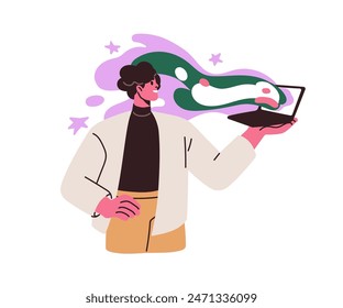 Creativity and technology concept. Generating creative ideas, digital art on laptop. Inspired creator, artist creating content, designing. Flat vector illustration isolated on white background